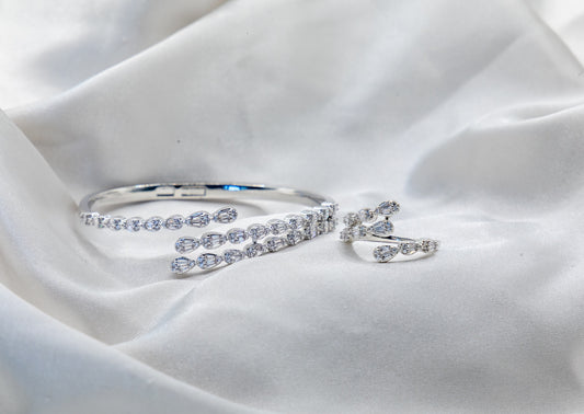 Marquise Vine Bangle & Ring Set – 18K White Gold Plated
