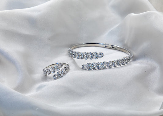 Luna Pavé Bangle & Ring Set – 18K White Gold Plated