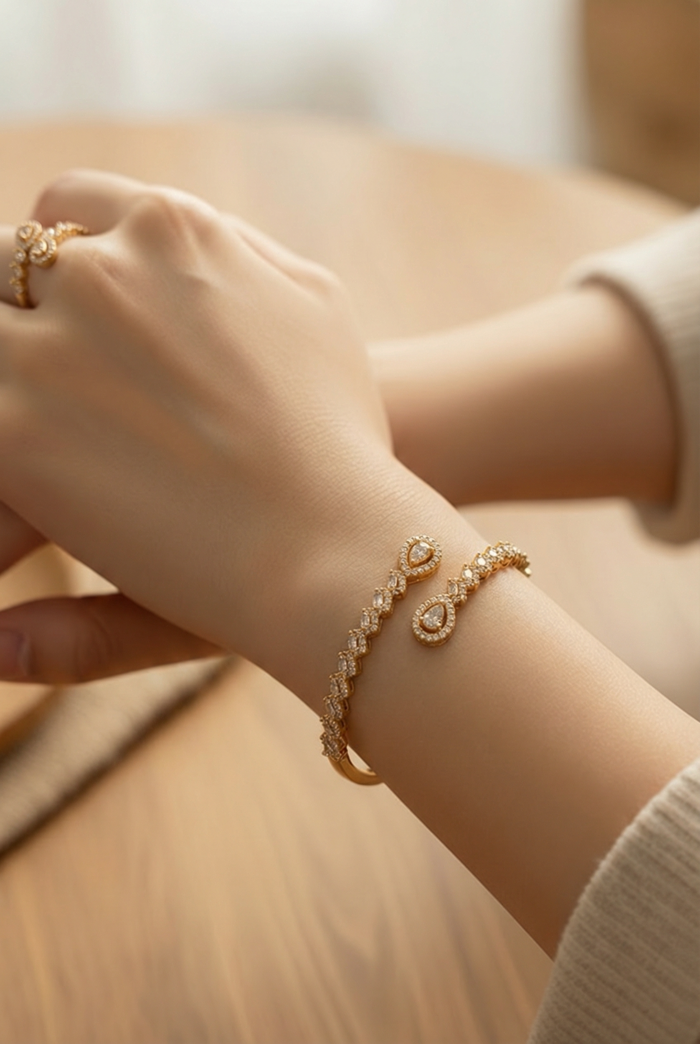 Celeste Teardrop Bangle & Ring Set – 18K White Gold Plated