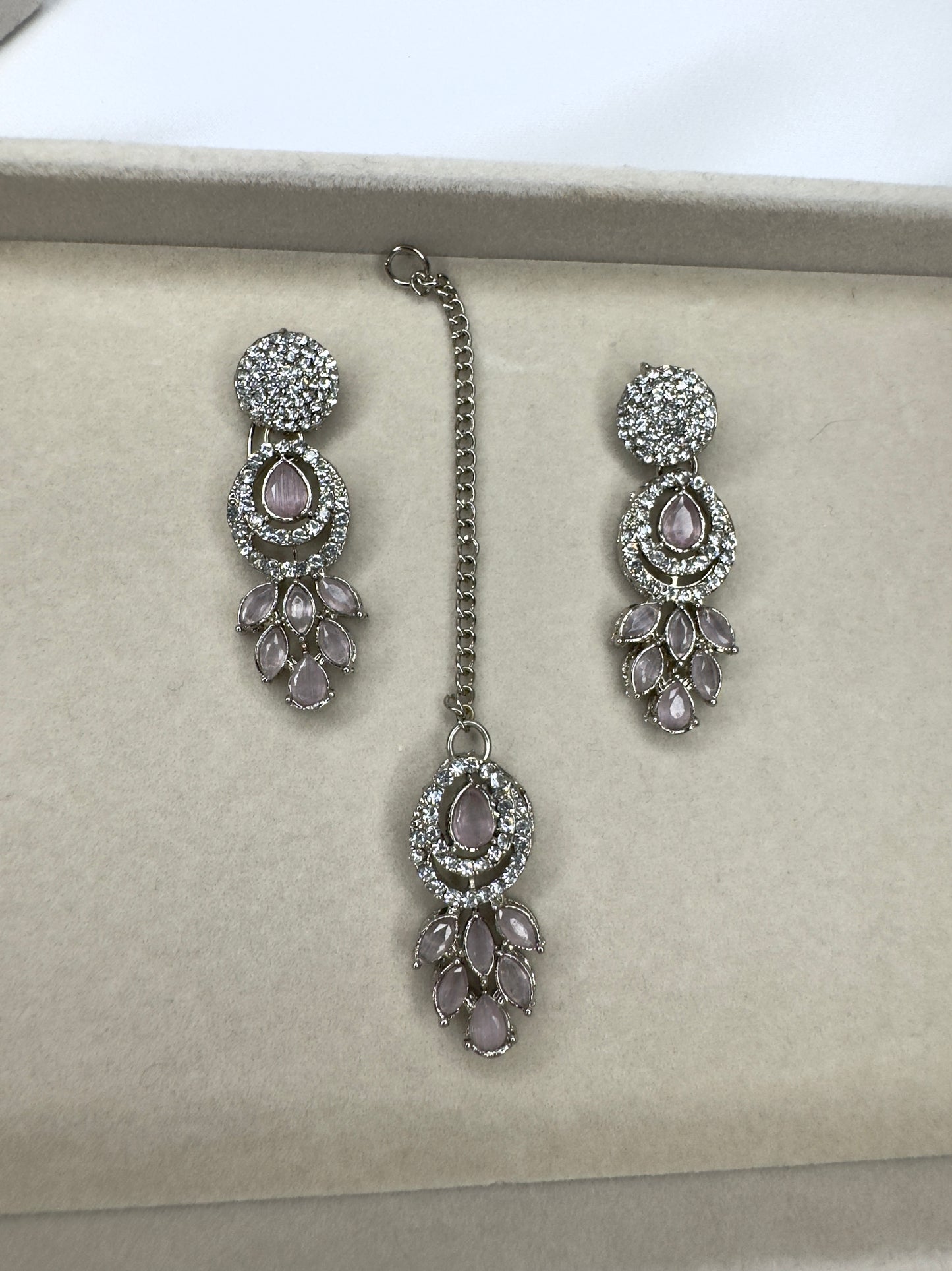 Zahra Earring and Tikka ONLY - Light pink on silver