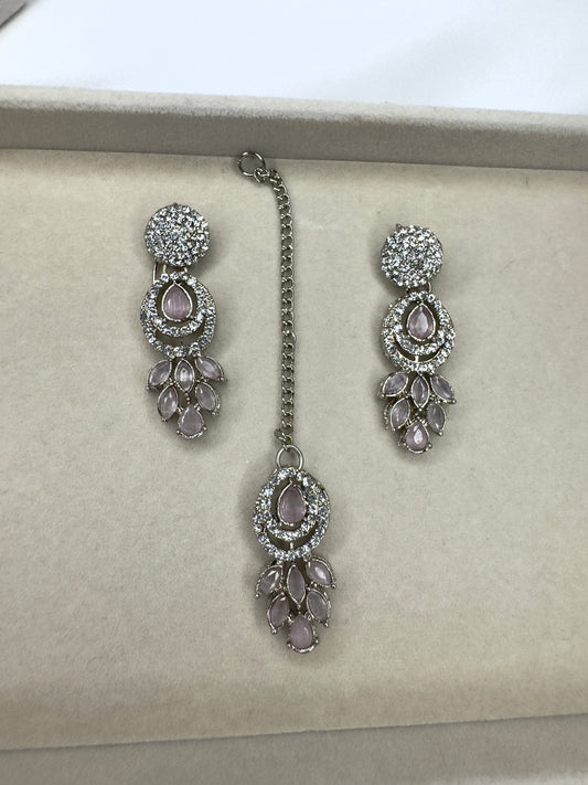 Zahra Earring and Tikka ONLY - Light pink on silver