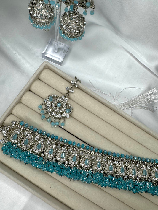 Amirah Choker set - Light Blue on silver