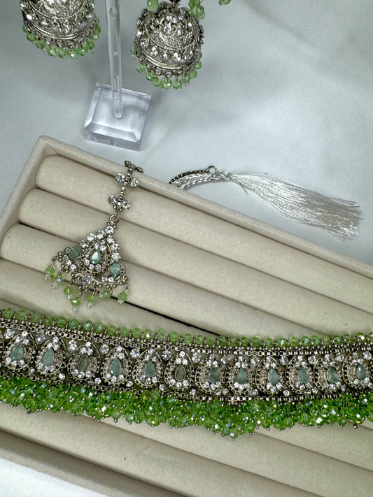 Amirah Choker set - Lime Green on silver