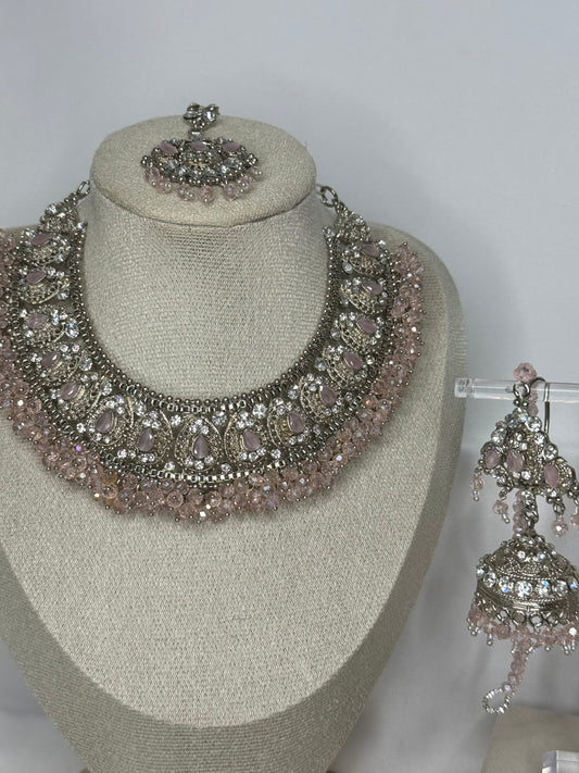 Amirah Necklace set - Light Pink on silver