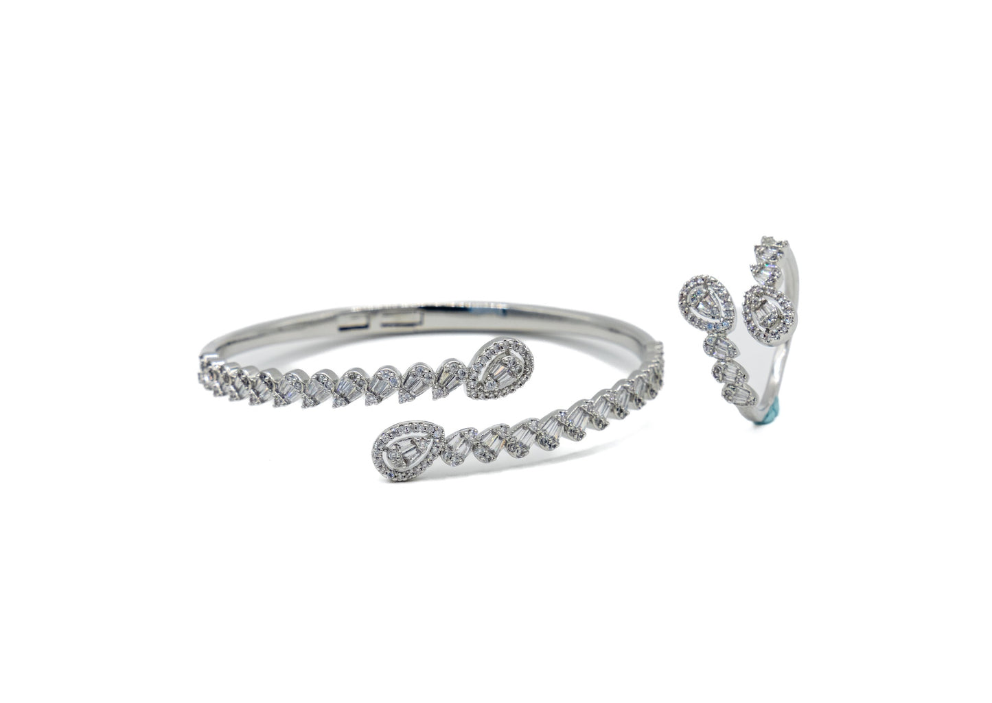 Celeste Teardrop Bangle & Ring Set – 18K White Gold Plated